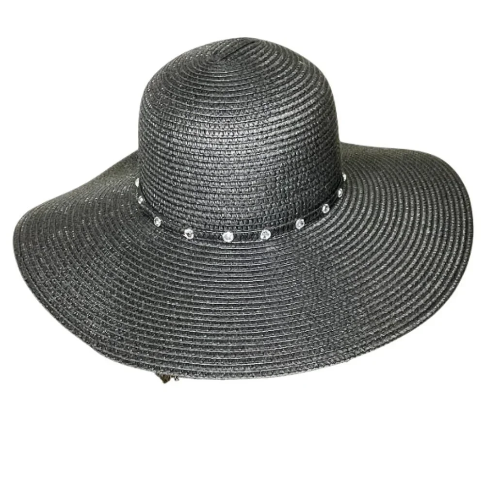 Boutique Gothic Wide Brim Black Straw Sun Hat Rhinestone Crystal Embellished